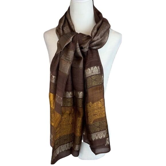 NWT Silk Scarf Bollywood Themed Landscape Metallic Thread - Picture 1 of 8